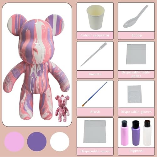 Coniuty Pour Paint Bear + Bear Keychain Figure, Pouring Bear Painting Kit for Creative Graffiti Art (Pink+White+Violet, 9 inch) - Image 3
