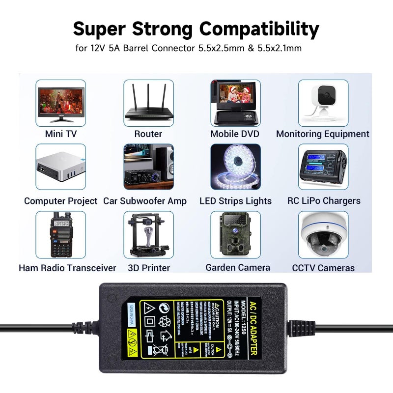 QKCOK Replacment for Sceptre Monitor Power Cord 12V 5A AC Adapter for Sceptre EC Series 32" 30" 27" 24" 22" 20" 19" 15" E248W E225W E205W E275W E209W Monitor Power Supply Cord Charger & More 12V 5V 4A 3A 2A - Image 2
