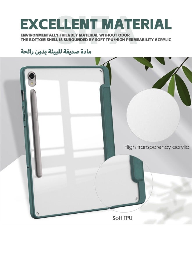 Samsung Galaxy Tab S9/S9 FE Case, Trifold Flip Slim Leather with S Pen Holder, Auto Wake Sleep, Smart Magnetic Cover Clear Acrylic Back Shockproof Case for Samsung Tab S9/S9 FE 2023, Green - Image 4