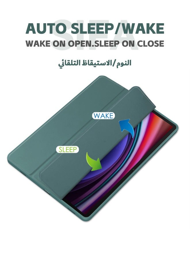 Samsung Galaxy Tab S9/S9 FE Case, Trifold Flip Slim Leather with S Pen Holder, Auto Wake Sleep, Smart Magnetic Cover Clear Acrylic Back Shockproof Case for Samsung Tab S9/S9 FE 2023, Green - Image 3