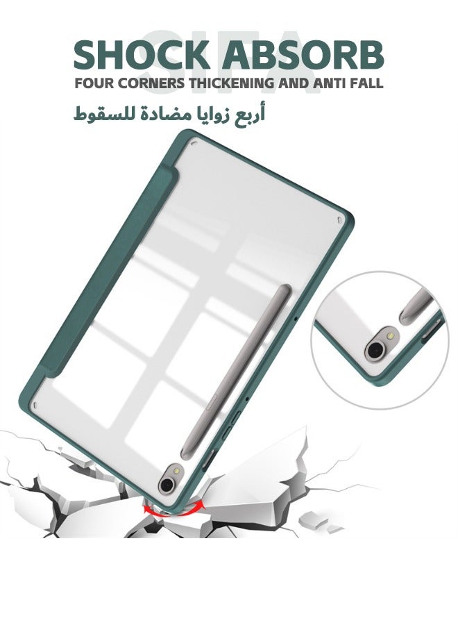 Samsung Galaxy Tab S9/S9 FE Case, Trifold Flip Slim Leather with S Pen Holder, Auto Wake Sleep, Smart Magnetic Cover Clear Acrylic Back Shockproof Case for Samsung Tab S9/S9 FE 2023, Green - Image 2