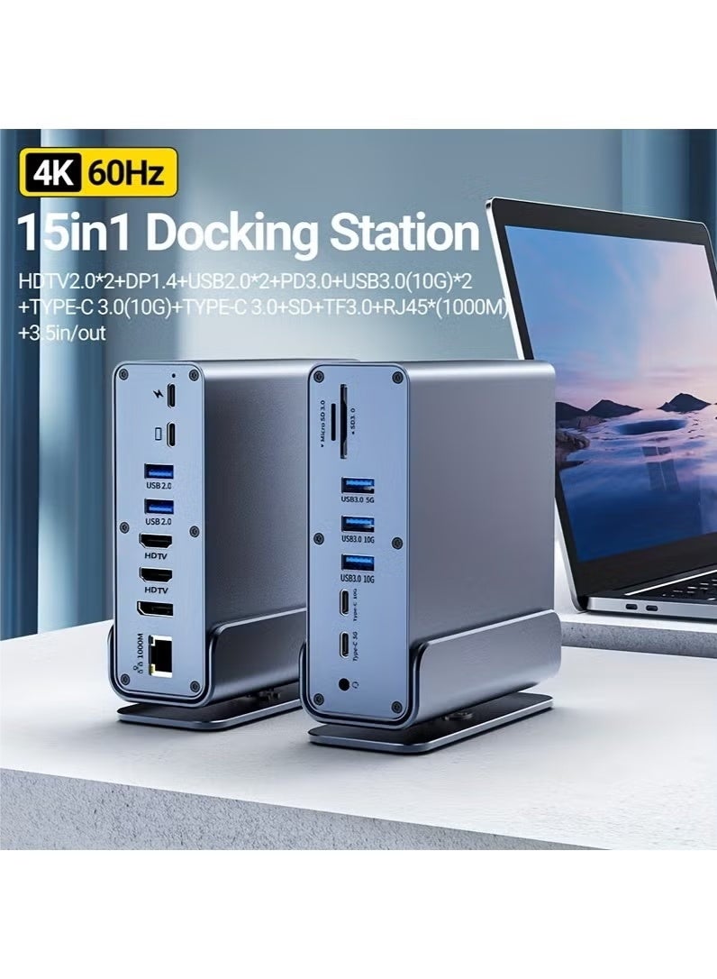 زونبون محطة إرساء 15 في 1 بمنفذ USB‑C، محور منفذ Type‑C، محور حاسوب محمول عمودي متعدد المنافذ مع قاعدة قابلة للإزالة يدعم RJ45 بسرعة 1000 ميجابت/ثانية، ومنافذ USB 3.0/2.0، وشحن سريع بقدرة 100 واط عبر تقنية PD، ومنفذ صوت 3.5 ملم، ومنافذ SD/TF للاستخدام مع الحواسيب المحمولة والأجهزة اللوحية والهواتف الذكية. - Image 1