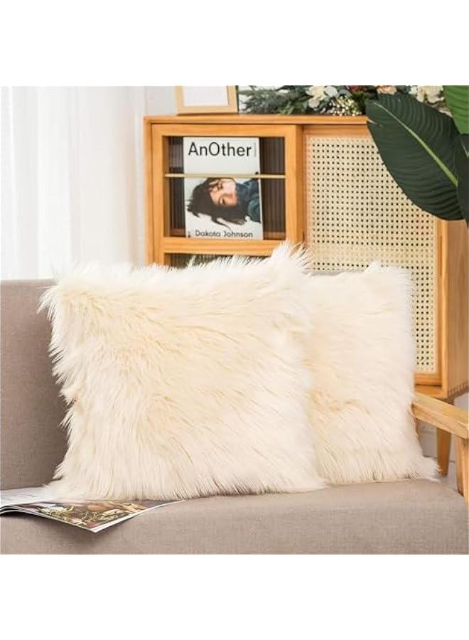 MIXDE Set of 2 Decorative Faux Fur Throw Pillow Covers, White Fluffy Soft Fuzzy Square Cushion Cover Pillow Case for Sofa, Couch, Chair, Bed, Cafe Throw Pillow Covers Neutral  Soft Decorative Pillow Covers Covers for Home Decor Sofa Bedroom Living Room - Image 2
