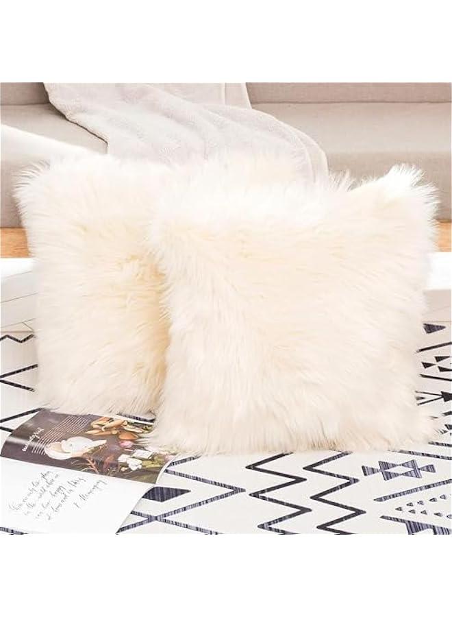 MIXDE Set of 2 Decorative Faux Fur Throw Pillow Covers, White Fluffy Soft Fuzzy Square Cushion Cover Pillow Case for Sofa, Couch, Chair, Bed, Cafe Throw Pillow Covers Neutral  Soft Decorative Pillow Covers Covers for Home Decor Sofa Bedroom Living Room - Image 1