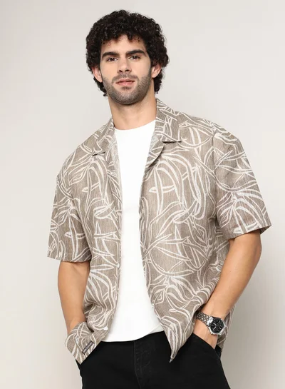 Campus Sutra Men's Peanut Brown Vine-Lines Resort Oversized Shirt