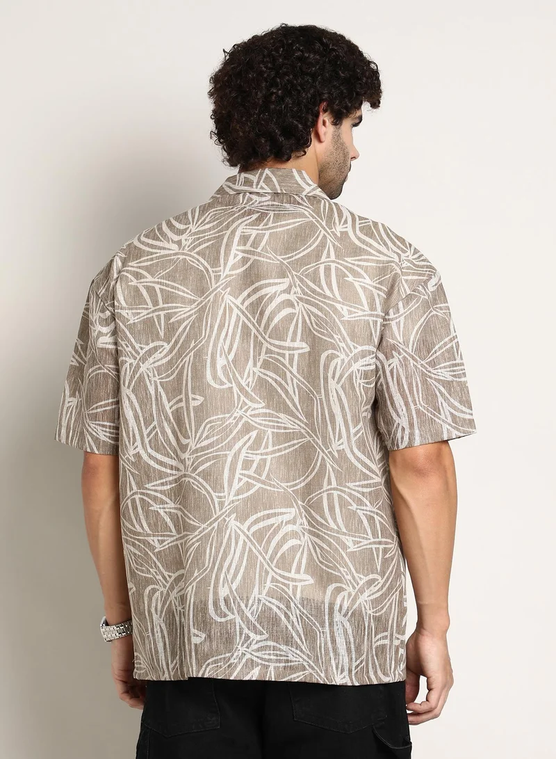 Campus Sutra Men's Peanut Brown Vine-Lines Resort Oversized Shirt
