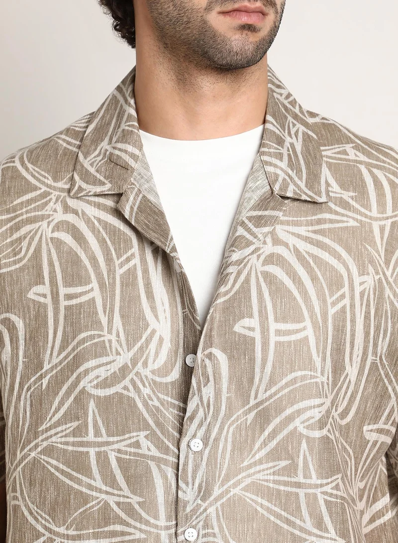 Campus Sutra Men's Peanut Brown Vine-Lines Resort Oversized Shirt