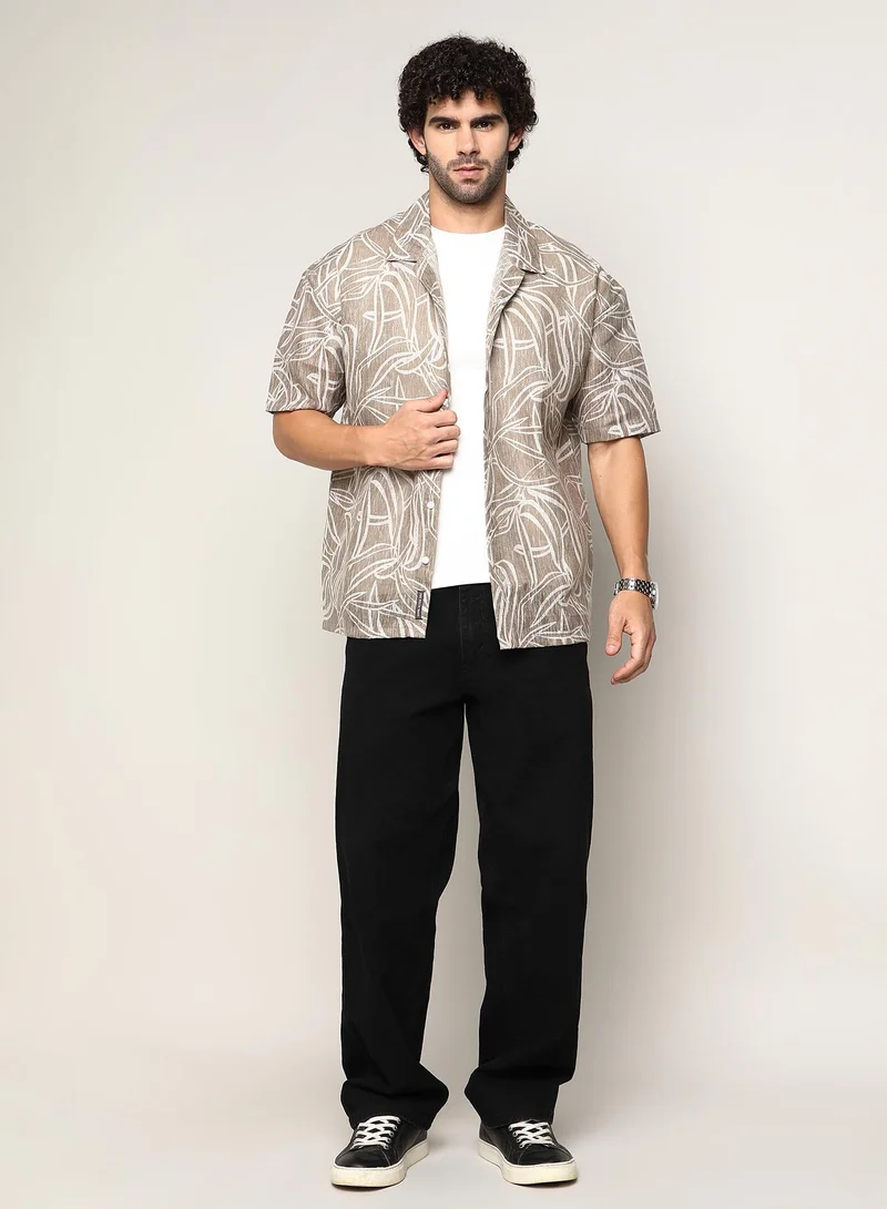 Campus Sutra Men's Peanut Brown Vine-Lines Resort Oversized Shirt