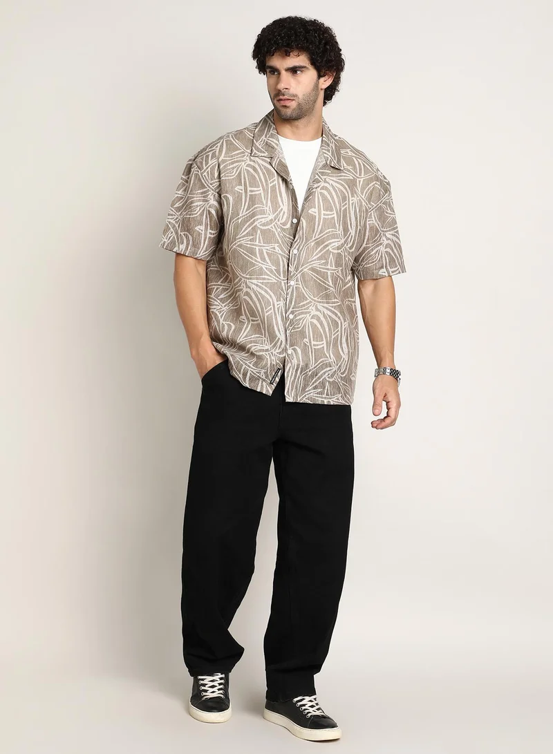 Campus Sutra Men's Peanut Brown Vine-Lines Resort Oversized Shirt