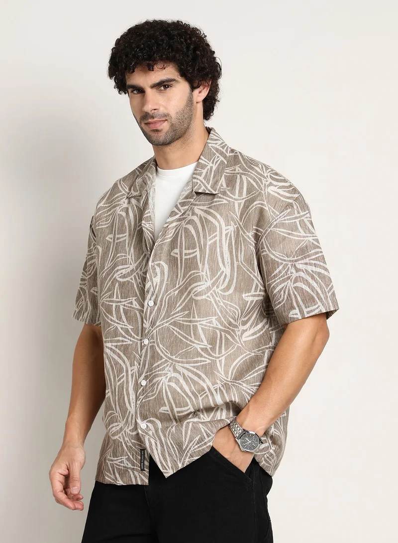 Campus Sutra Men's Peanut Brown Vine-Lines Resort Oversized Shirt