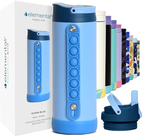 Elemental Iconic Kids Water Bottle for School 100 LeakProof Insulated Water Bottles with Straw Lid PopIt Handle for Boys Girls TripleWall Insulated BPAFree 14oz Ocean Blue - Image 1