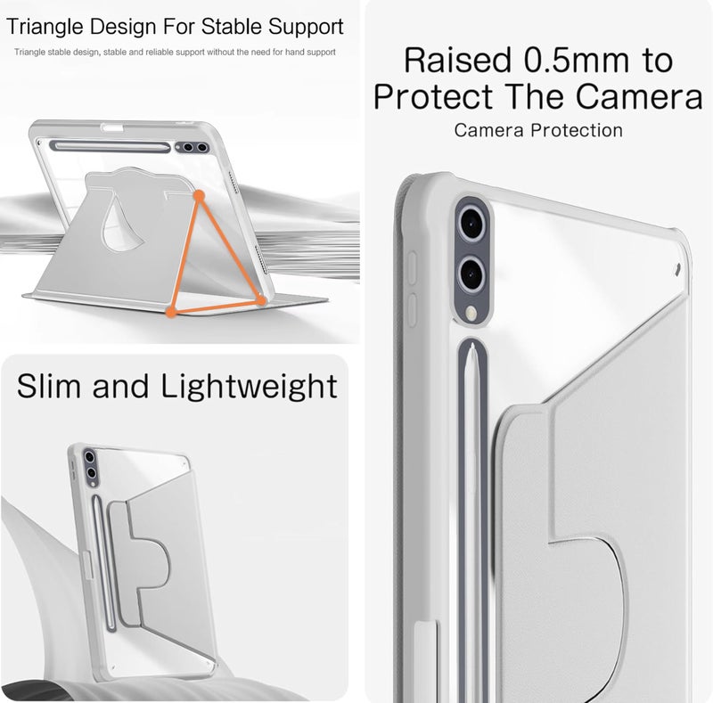 TGK Rotating Case for Samsung Galaxy Tab S9 FE+/S9 Plus/S10+ 12.4 inch with Pencil Holder Trifold Stand Cover Clear Back (Grey) - Image 5