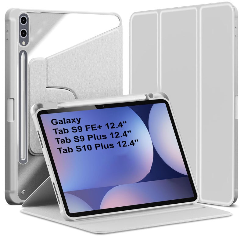TGK Rotating Case for Samsung Galaxy Tab S9 FE+/S9 Plus/S10+ 12.4 inch with Pencil Holder Trifold Stand Cover Clear Back (Grey) - Image 1
