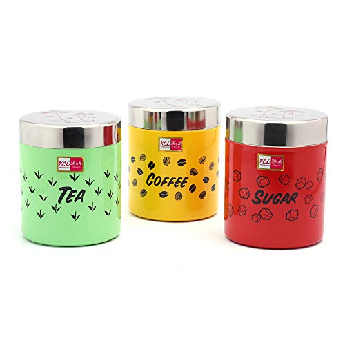 KCL Stainless Steel Tea/Coffee/Sugar Multipurpose Kitchen Accessories Canisters/Containers, Special TCS - 600 ML Each -3 Pc Set (Multicolor) - Image 1