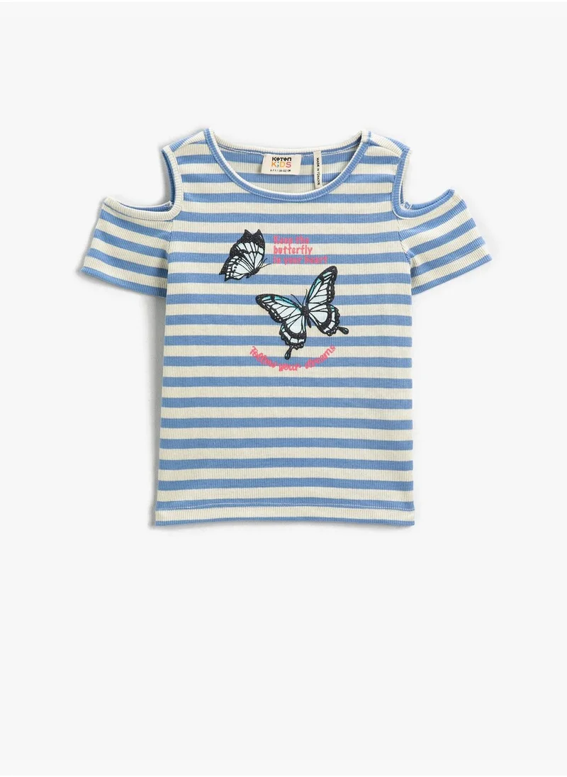 كوتون Cut Out Detail T-Shirt Striped Butterfly Printed Short Sleeve