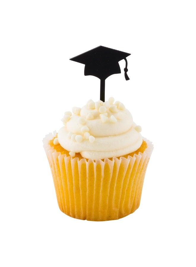 Restaurantware Top Cake Graduation Cake Toppers, 100 Sturdy Graduation Cap Cupcake Toppers - For Mini Cakes, Appetizers, And Desserts, Party Supplies, Black Acrylic Graduation Cupcake Decorations - Image 2