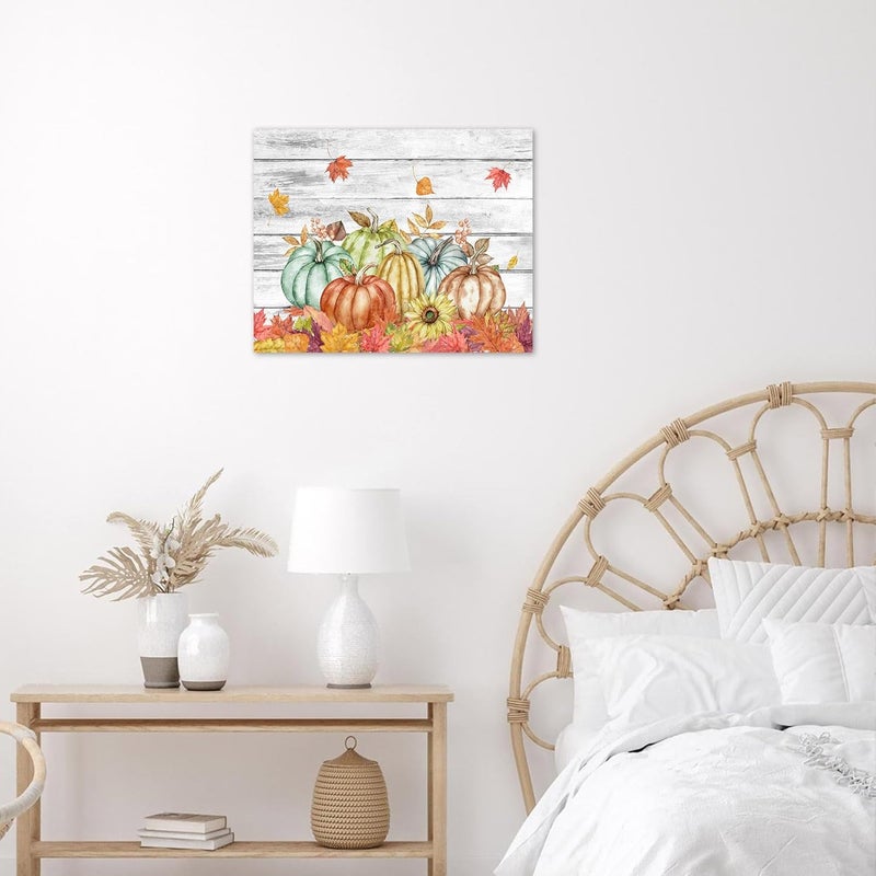 LB Fall Harvest Wall Art for Bathroom Colorful Pumpkin Sunflower and Maple Leaf on Gray Abstract Canvas Wall Art Farmhouse Autumn Wall Pictures for Living Room Bedroom Office Ready To Hang,16x12 Inch - Image 4