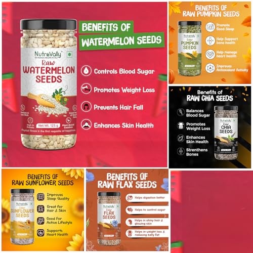 NutroVally 5-in-1 Super Seeds Combo 925g | Chia, Flax, Pumpkin & Sunflower Seeds 200g + Watermelon 125g | Rich in Omega-3 | High Fiber & Protein | Healthy Seed Mix for Daily Nutrition - Image 4