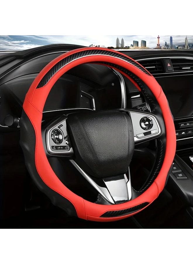 Red Nappa Carbon Fiber Steering Wheel Cover 15 Inch with Inner Ring Enhanced Grip - Image 1