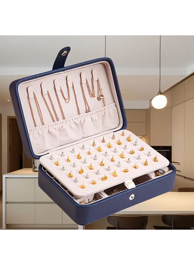 Navy Blue Jewelry Organizer Box With Black Lining Portable Square Design For Rings Earrings Bracelets Necklaces - Image 1