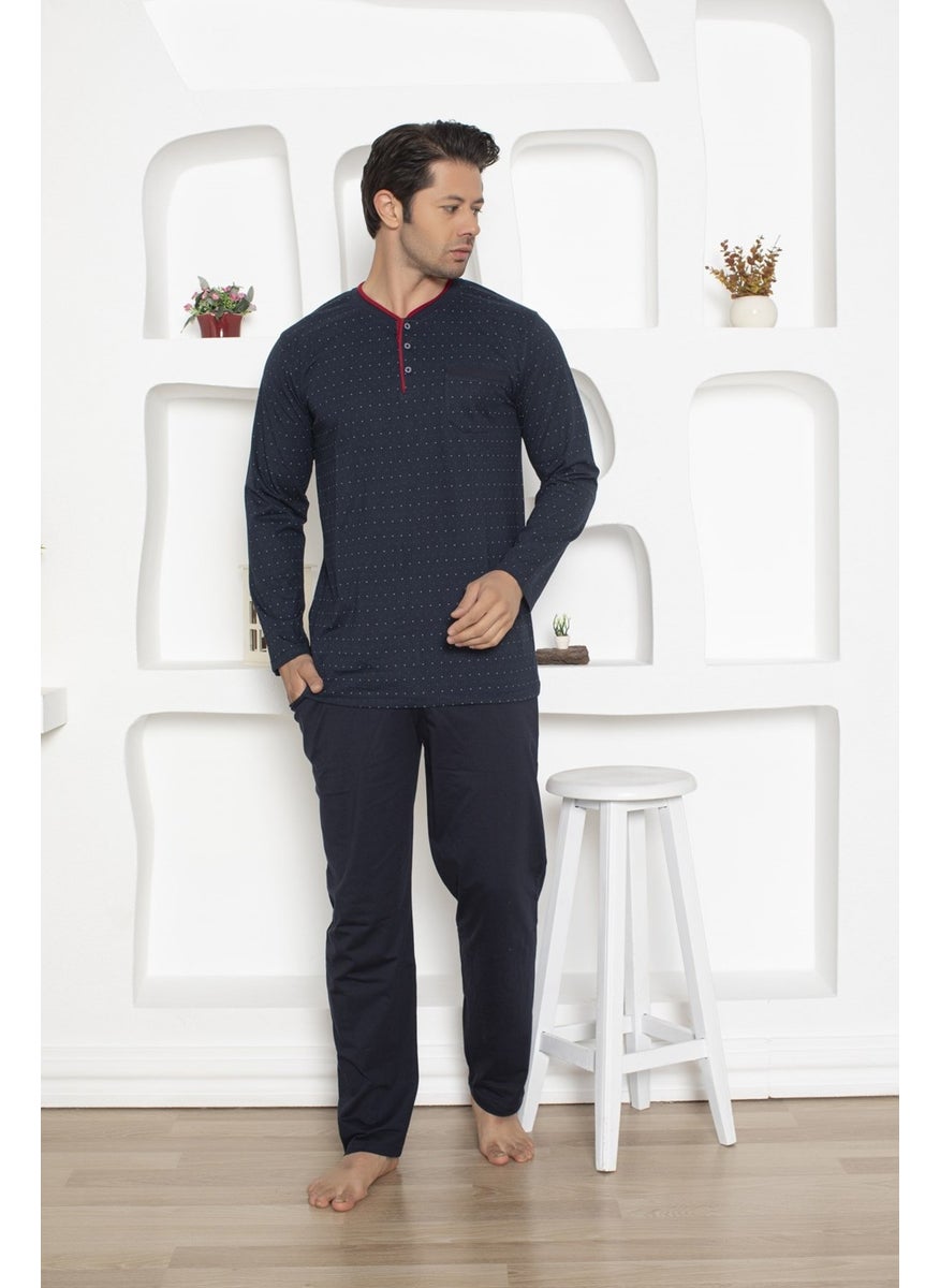 Bie's Men's Navy Blue Buttoned Cotton Lycra Long Sleeve Seasonal Chest Pocket Pajama Set  - Image 3