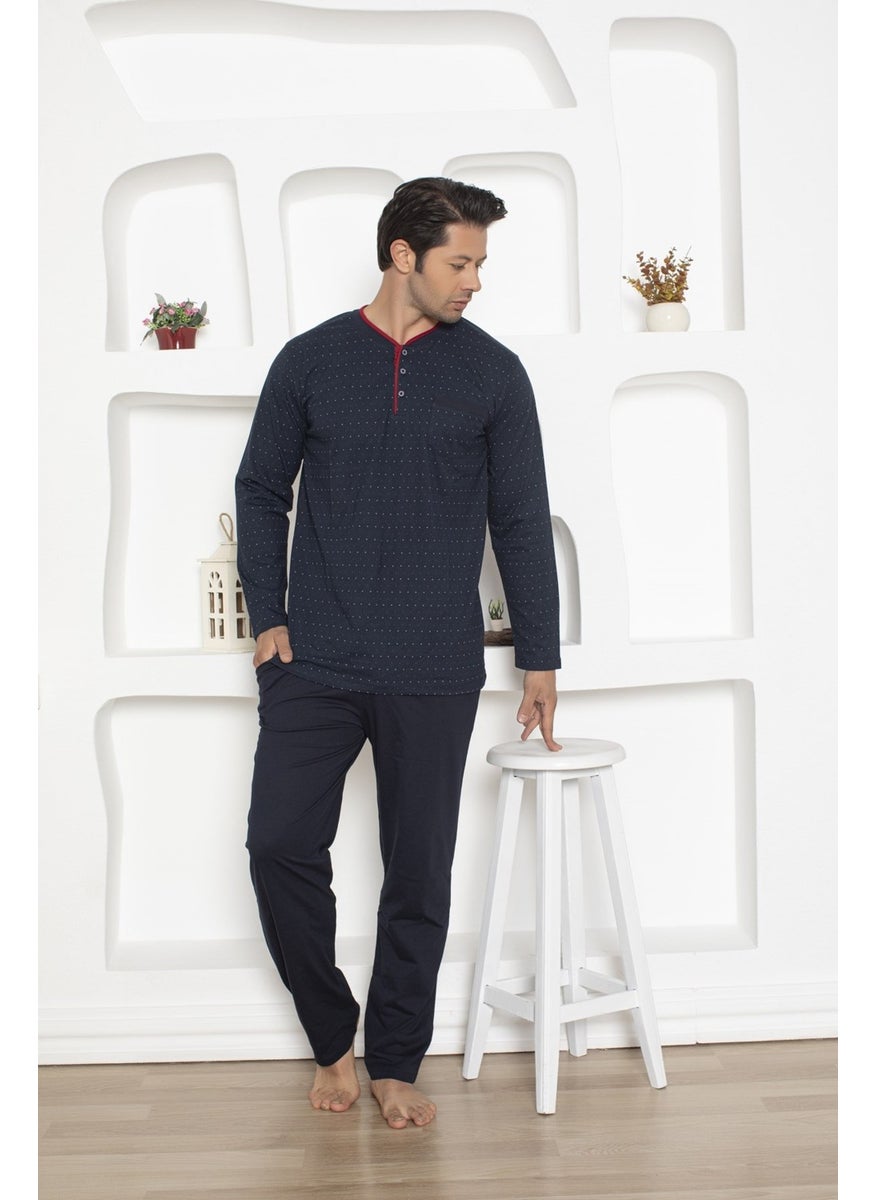 Bie's Men's Navy Blue Buttoned Cotton Lycra Long Sleeve Seasonal Chest Pocket Pajama Set  - Image 1