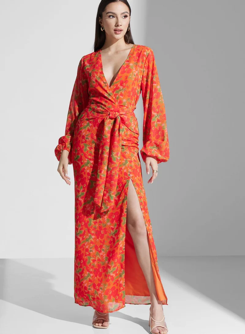 PRETTY LAVISH Balloon Sleeve Tie Detail Wrap Dress