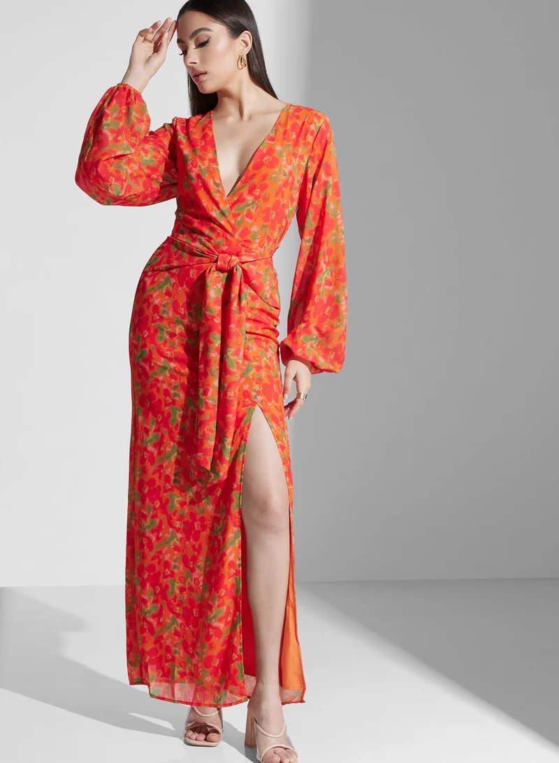 PRETTY LAVISH Balloon Sleeve Tie Detail Wrap Dress