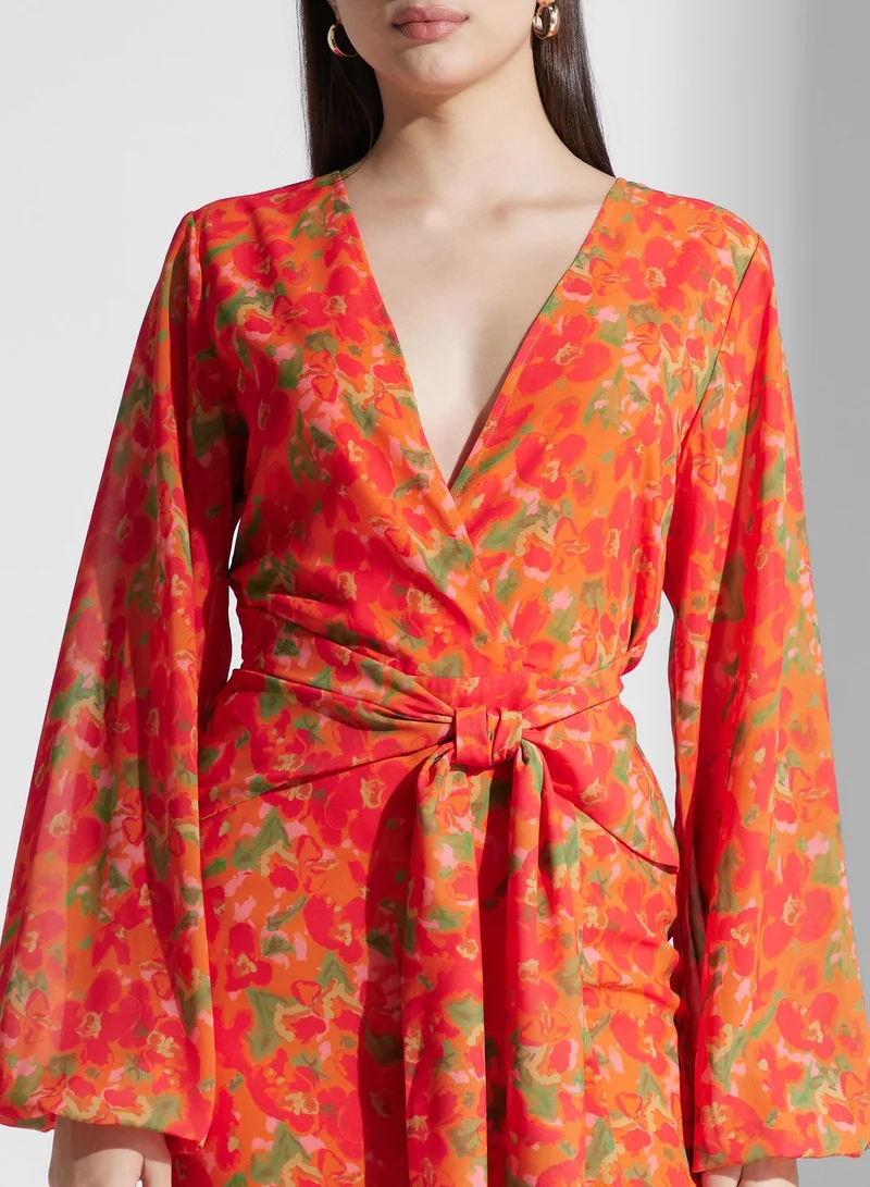 PRETTY LAVISH Balloon Sleeve Tie Detail Wrap Dress