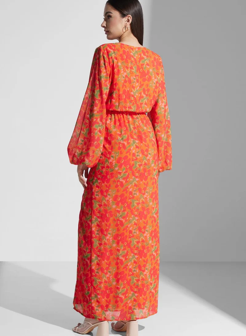 PRETTY LAVISH Balloon Sleeve Tie Detail Wrap Dress