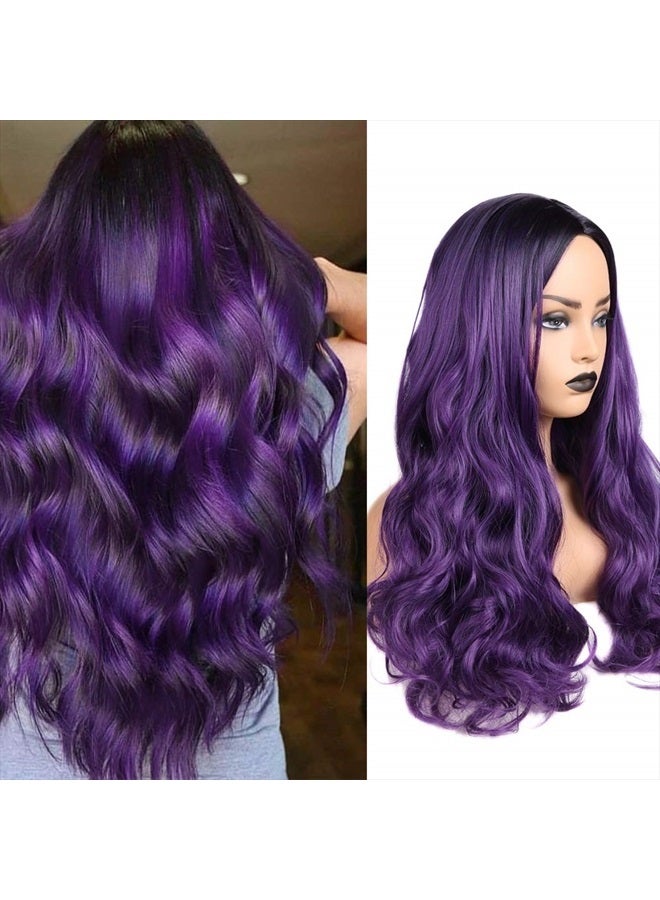 Fancy Hair Ombre Wig Purple Wigs Long Curly Wavy Hair Wigs Heat Resistant 2 Tones Dark Roots Synthetic Wigs for Black Women Daily Party Cosplay - Image 1