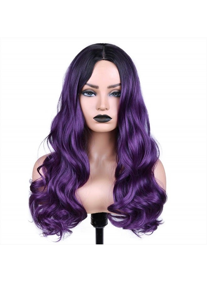 Fancy Hair Ombre Wig Purple Wigs Long Curly Wavy Hair Wigs Heat Resistant 2 Tones Dark Roots Synthetic Wigs for Black Women Daily Party Cosplay - Image 4
