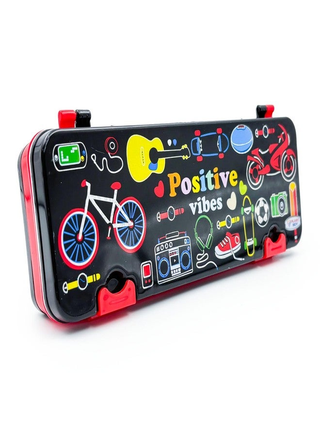 PLAST BOY Cool Guys Alphabet Tray Pencil Case for Kids Boys & Girls | Fancy School Pencil Pouch | Colourful Plastic Pencil Case with Timetable Card & Stencil Design (Pack of 1, Black & Red) - Image 2