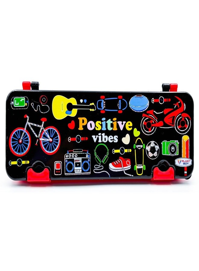 PLAST BOY Cool Guys Alphabet Tray Pencil Case for Kids Boys & Girls | Fancy School Pencil Pouch | Colourful Plastic Pencil Case with Timetable Card & Stencil Design (Pack of 1, Black & Red) - Image 1
