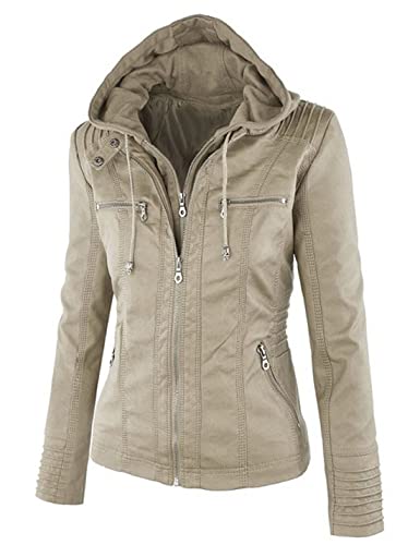 Springrain Women's Faux Leather Jacket Moto Biker Coat with Detachable Hood Motorcycle Jacket (XX-Large, Apricot) - Image 3