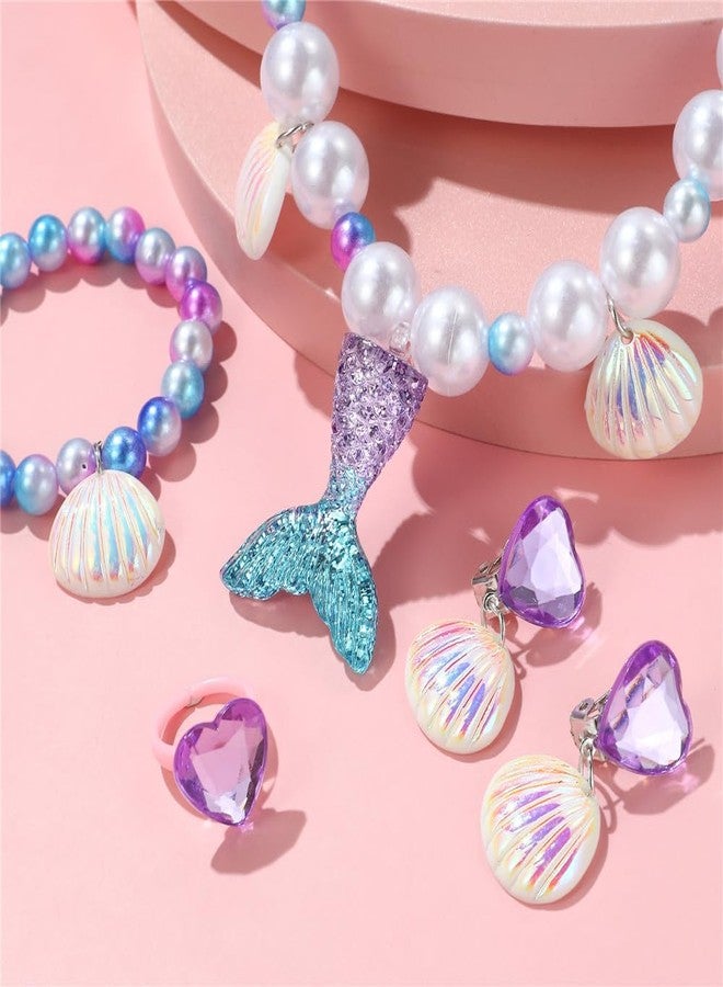 Koeilay Mermaid Jewelry for Girls Mermaid Crown Fake Pearl Necklace Bracelet Purse Ring Shell Earrings Mermaid Accessories Set Princess Party Dress Up Pretend Play Christmas Birthday Gift - Image 4