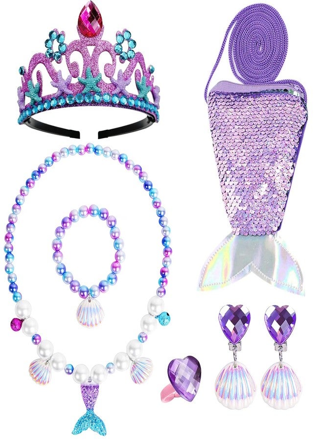 Koeilay Mermaid Jewelry for Girls Mermaid Crown Fake Pearl Necklace Bracelet Purse Ring Shell Earrings Mermaid Accessories Set Princess Party Dress Up Pretend Play Christmas Birthday Gift - Image 1