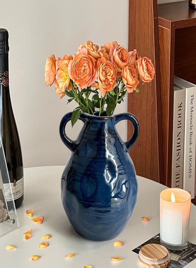 LIFFY Ceramic Vase for Flowers, Double Handles Modern Farmhouse Pottery Barn Decor Vase for Centerpieces, Handmade Vintage Rustic Decorative Vases Home Decor- Blue, 6.3 Inch - Image 4