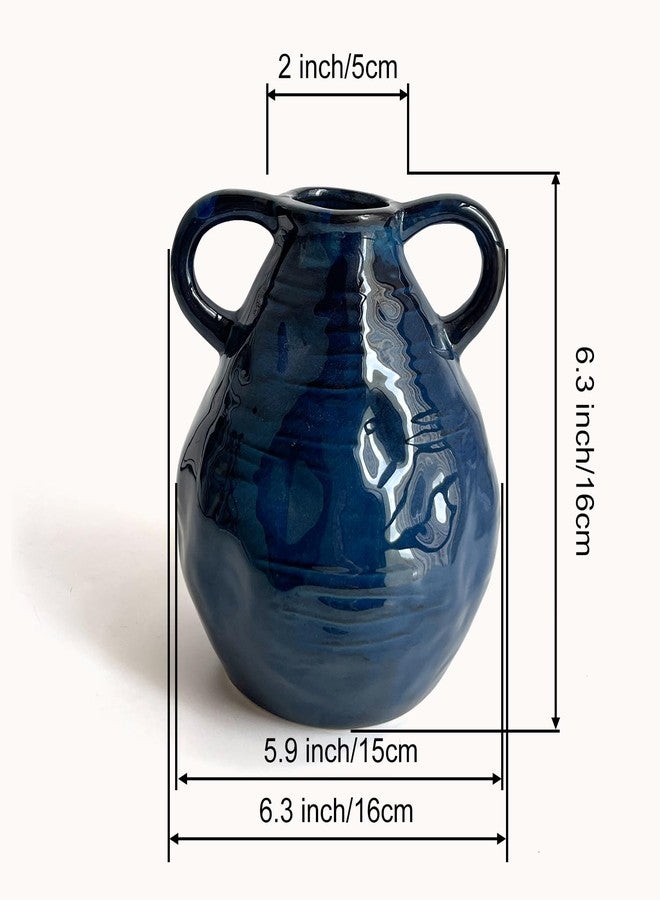 LIFFY Ceramic Vase for Flowers, Double Handles Modern Farmhouse Pottery Barn Decor Vase for Centerpieces, Handmade Vintage Rustic Decorative Vases Home Decor- Blue, 6.3 Inch - Image 2