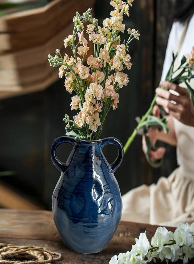 LIFFY Ceramic Vase for Flowers, Double Handles Modern Farmhouse Pottery Barn Decor Vase for Centerpieces, Handmade Vintage Rustic Decorative Vases Home Decor- Blue, 6.3 Inch - Image 3