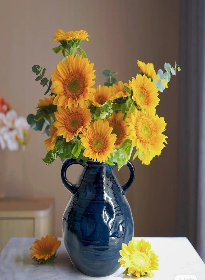 LIFFY Ceramic Vase for Flowers, Double Handles Modern Farmhouse Pottery Barn Decor Vase for Centerpieces, Handmade Vintage Rustic Decorative Vases Home Decor- Blue, 6.3 Inch - Image 1