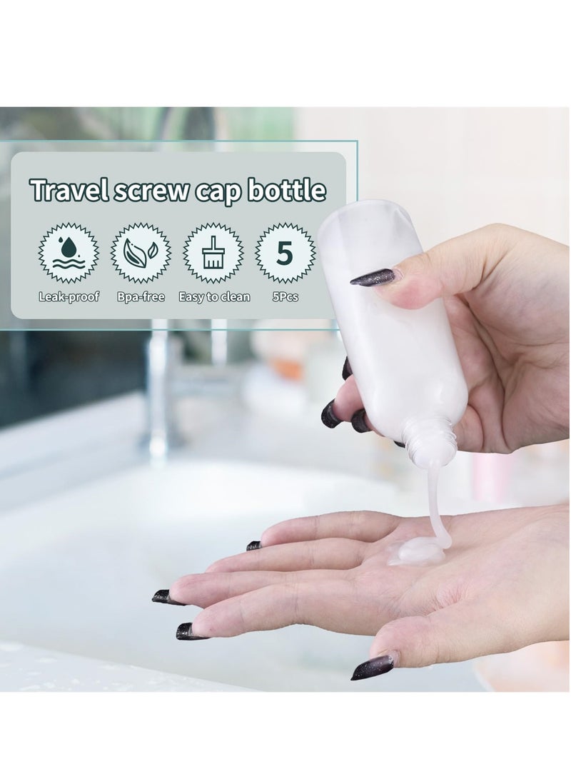 عبوات سفر 5 عبوات سعة 3.4 أونصة، حاويات قابلة لإعادة التعبئة ومضادة للتسرب لمستحضرات التجميل مع أغطية ذهبية أنيقة، مثالية لأساسيات السفر، 100 مل زجاجات بلاستيكية شفافة - Image 4