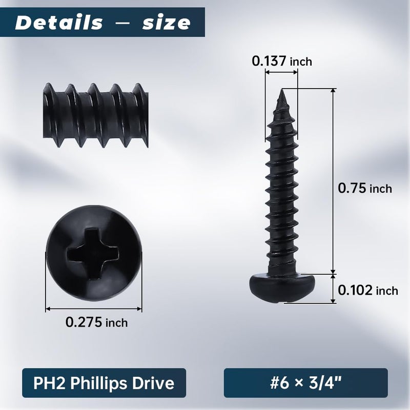 Glvaner #6 x 3/4 inch Phillips Pan Head Self Tapping Screws for Wood, Black Coated, 304 Stainless Steel 18-8, Round Head Sheet Metal Tek Screws, 100 pcs - Image 3