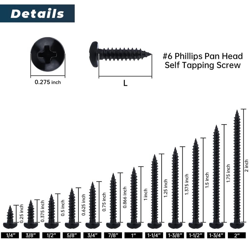 Glvaner #6 x 3/4 inch Phillips Pan Head Self Tapping Screws for Wood, Black Coated, 304 Stainless Steel 18-8, Round Head Sheet Metal Tek Screws, 100 pcs - Image 5