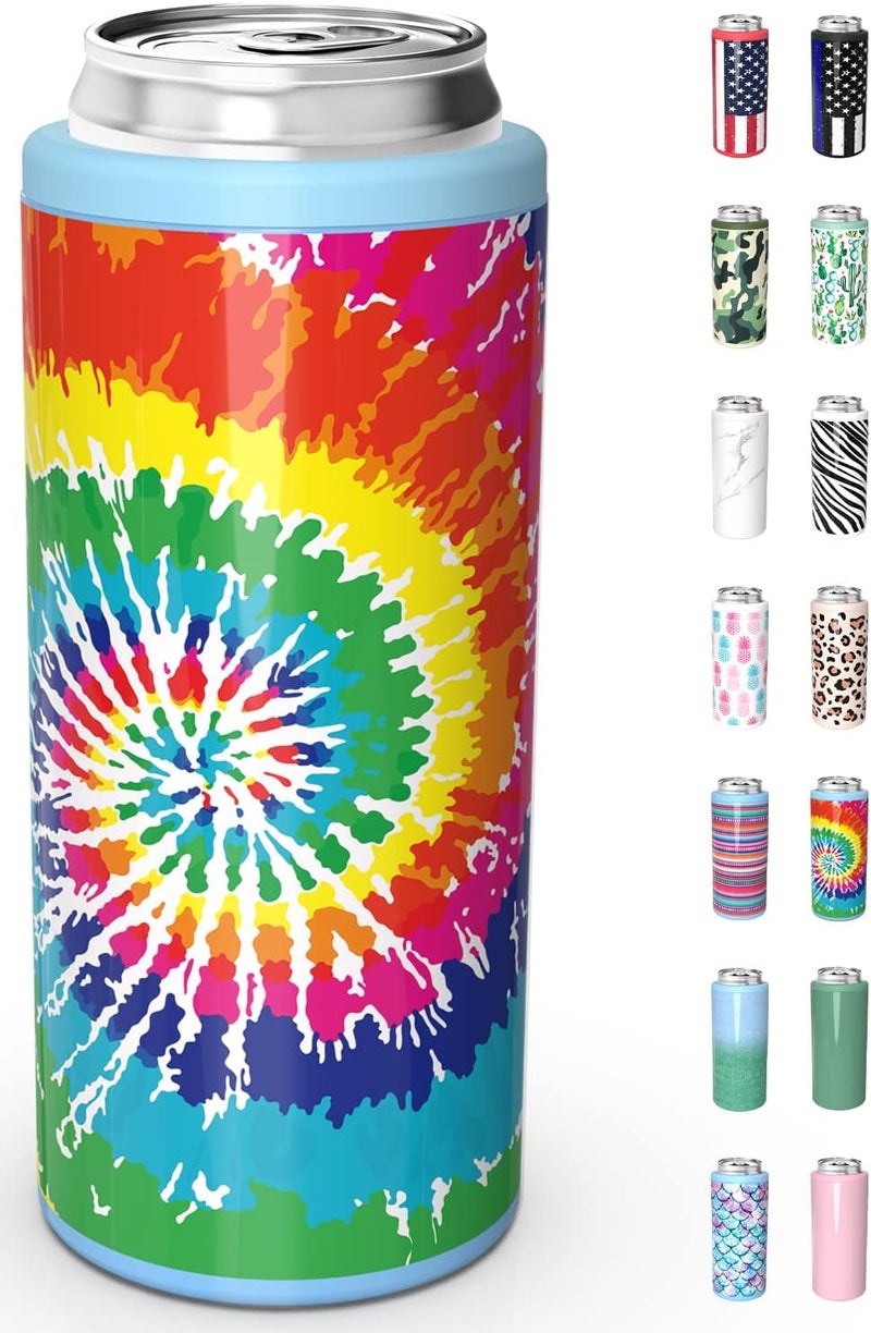TILUCK Skinny Can Cooler for Slim Beer & Hard Seltzer, Stainless Steel, Doucle-Walled Stainless Steel Insulated Slim Cans, Standard 12 oz (Spinning Rainbow) - Image 1