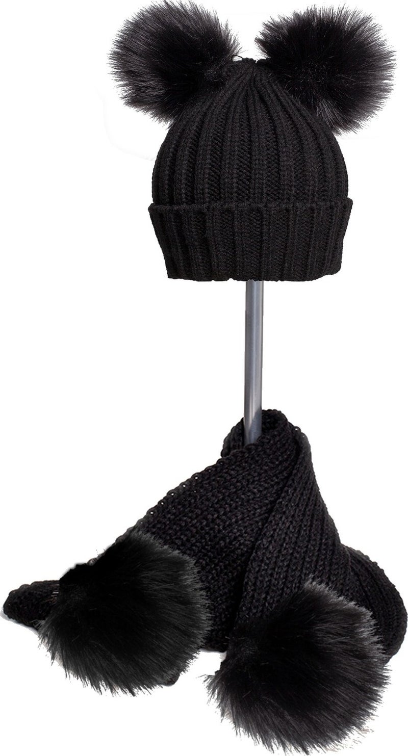 Baby Dora Double Black Pompom Black Beret & Scarf Set 