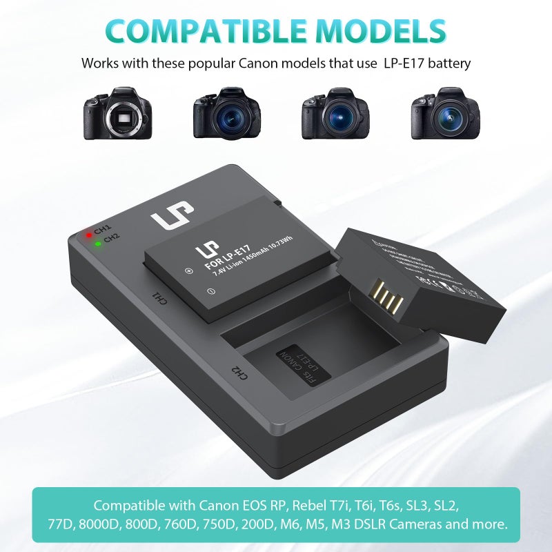 LP LP-E17 Battery Charger Pack, Compatible with Canon EOS R8, R10, R50, RP, Rebel T6i, T7i, T8i, T6s, SL2, SL3, EOS 77D, 200D, 750D, 760D, 800D, 8000D, M3, M5, M6 Mark II, KISS X8i & More DSLR Camera - Image 2