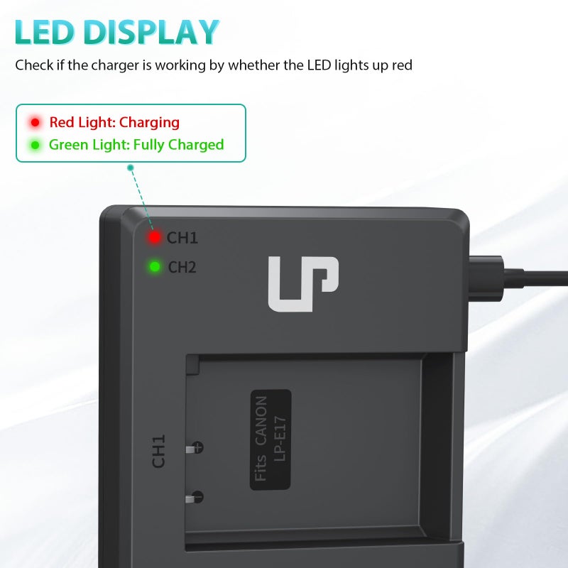 LP LP-E17 Battery Charger Pack, Compatible with Canon EOS R8, R10, R50, RP, Rebel T6i, T7i, T8i, T6s, SL2, SL3, EOS 77D, 200D, 750D, 760D, 800D, 8000D, M3, M5, M6 Mark II, KISS X8i & More DSLR Camera - Image 4