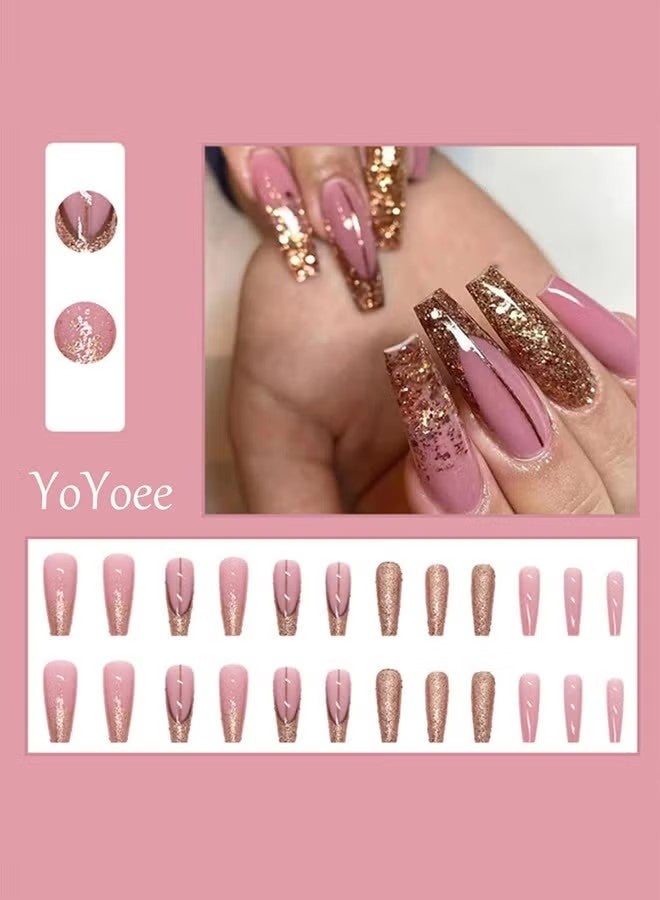 Long Luxury False Nails Tips - Nails Acrylics Full Cover Pink French Fake Nails Galaxy Nails Tips for Women and Girls 24Pcs - Image 4