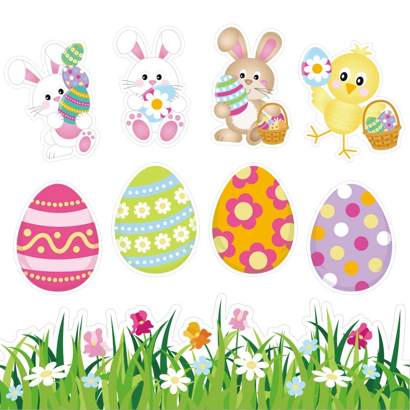 Whaline 54Pcs Easter Classroom Decoration Set 24Pcs Easter Egg Rabbit Bunny CutOuts with Glue Point 30Pcs Spring Flower Grass Bulletin Border Stickers SelfAdhesive Board Border Trim for Blackboard